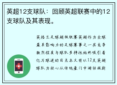 英超12支球队：回顾英超联赛中的12支球队及其表现。