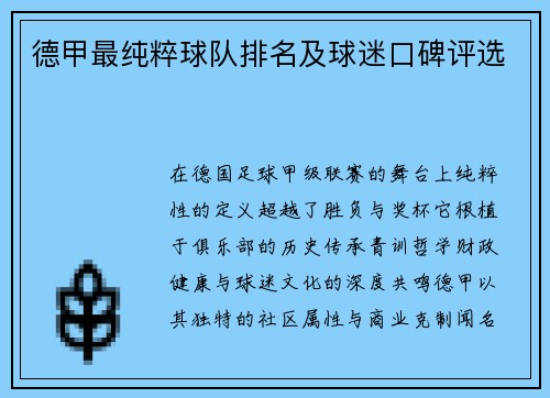 德甲最纯粹球队排名及球迷口碑评选